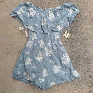 Lush Romper Womens Small Teal Floral Embroidered Off Shoulder One Piece